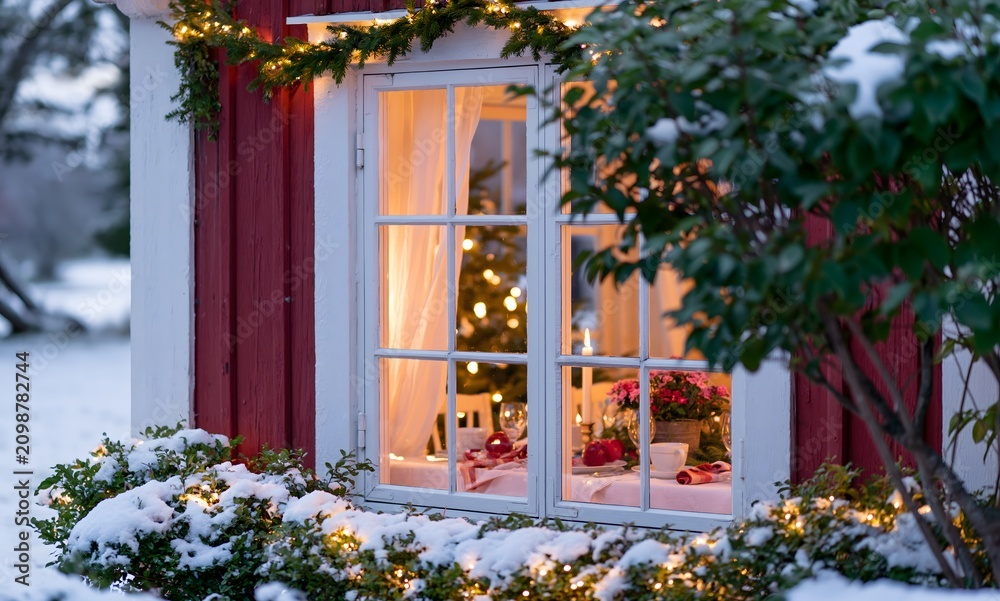 Fototapeta premium Snow covered house glowing warmly with Christmas decorations and a festive table view through window