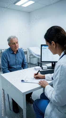 Doctor Consulting Elderly Patient In Bright Modern Clinic Room