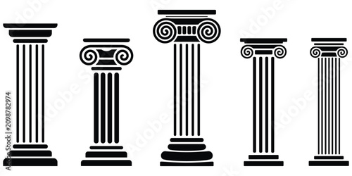 Foto Five black silhouette of classical columns with various capital styles isolated