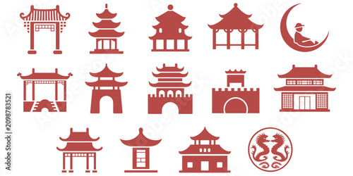 Fotografía Set of red silhouette representing traditional chinese architecture, pagodas, te