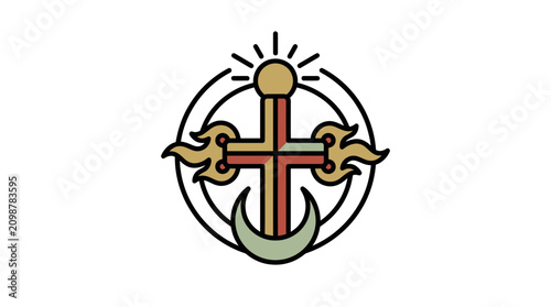 Canvastavla Christian Cross Symbol with Anchor and Crescent Moon - Religious Iconography