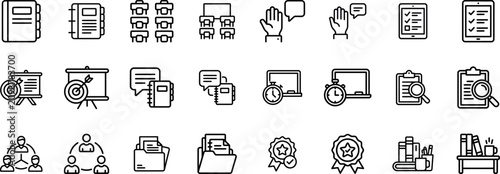 Minimalist Classroom Management and Lesson Planning Line Icon Set with Desk Layout, Blackboard, Target Presentation, and Student Collaboration Symbols