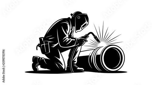 A skilled welder in protective gear kneels to precision weld a large pipe with sparks flying in a dynamic vector graphic illustration
