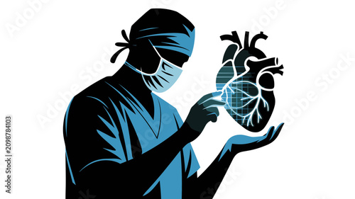 Surgeon in medical attire examining a detailed human heart model with precision and care in a clinical setting with blue accents and white background.