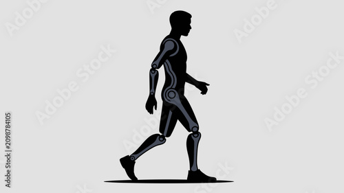 A futuristic robotic humanoid walks forward with mechanical limbs and a sleek design on a clean background with gray tones.