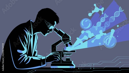 Scientist in a lab coat examining a sample under a microscope with molecular structures and circuit board patterns in the background illustration