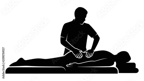 Silhouette of a skilled massage therapist giving a relaxing massage treatment to a client lying on a comfortable massage table in a serene setting with soothing ambiance and gentle touch.