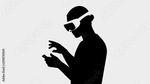 Black silhouette of a man wearing virtual reality goggles interacting digitally with futuristic technology in a white background illustration design