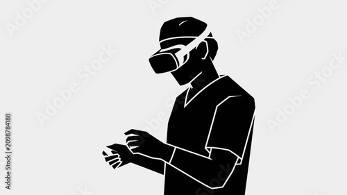 Black and white vector illustration of a man wearing virtual reality goggles and interacting with a device in his hands