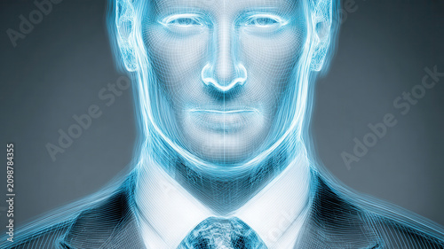 Digital face, artificial intelligence, hologram, business, concept portrait with glowing blue network suit and futuristic data identity
