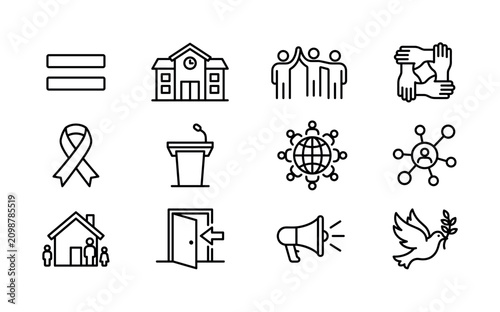 Community inclusion and advocacy. Line outline icon set of Community inclusion and advocacy: equality symbol, community center, volunteer group, friendship hands, awareness ribbon, public speech
