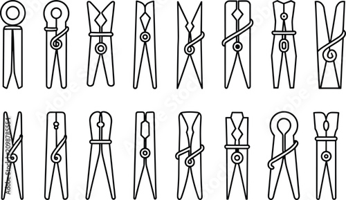 Konstfotografi Set of diverse clothes peg showing various shapes and spring mechanisms in a sim