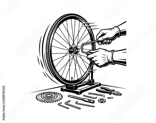 Vector illustration of hands truing a bicycle wheel on a repair stand with tools
