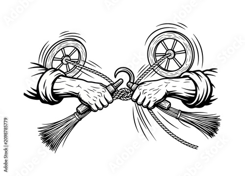 Foto Graphic depicting two hands pulling opposing ropes with spinning wheels, symboli