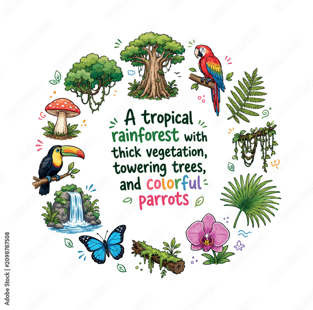 Obraz premium A tropical rainforest with thick vegetation, towering trees, and colorful parrots. Hand drawn illustration of A tropical rainforest with thick vegetation, towering trees, and colorful parrots.