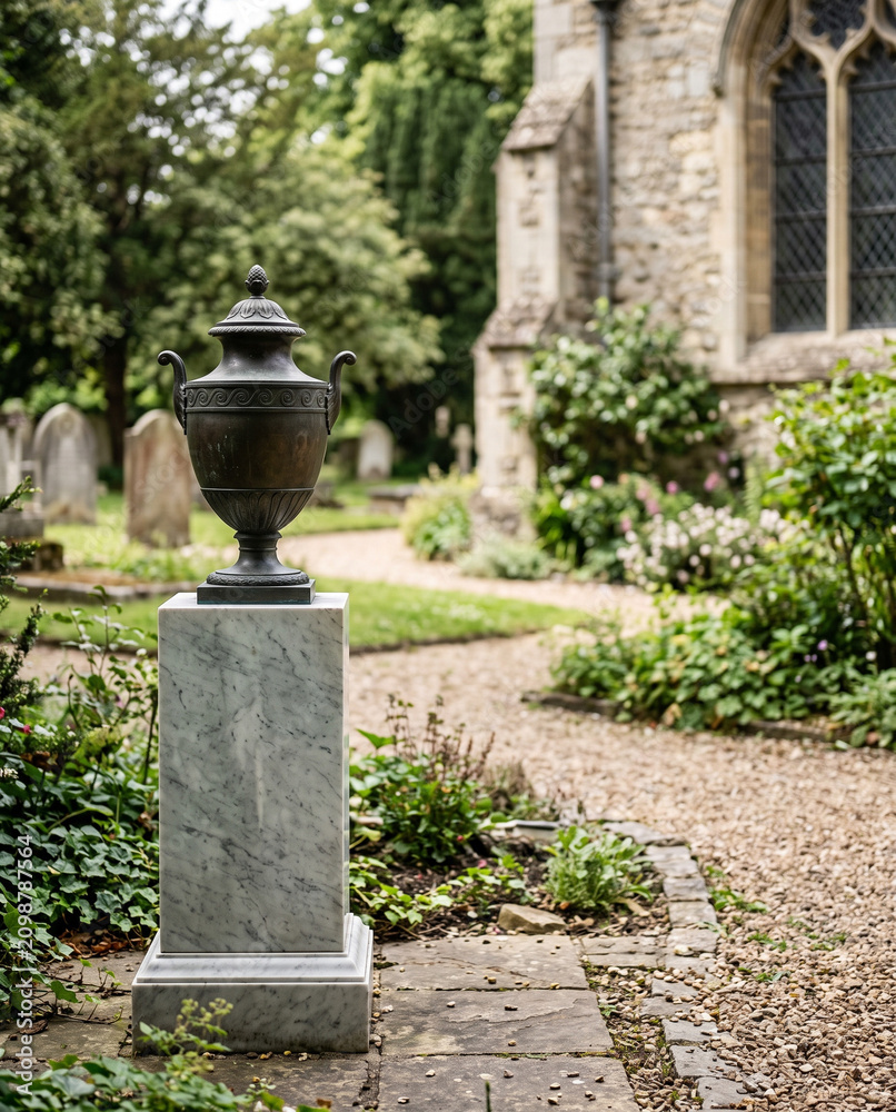 Obraz premium Decorative urn on stone pedestal in garden by church gravestones 