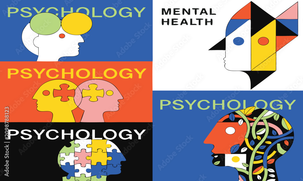 Fototapeta premium Psychology Magazine Covers Featuring Colorful Head Illustrations and Puzzle Pieces Featuring Mental Health, Cover, Illustration