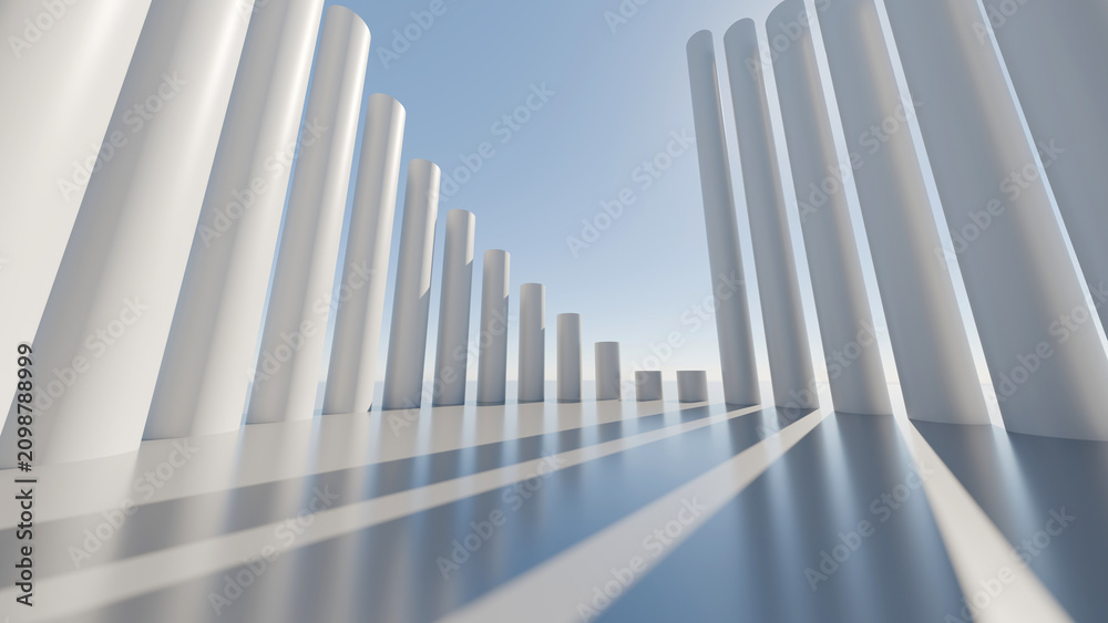 Fototapeta premium Modern minimalist 3D render background of white architectural pillars arranged like a bar chart under blue sky