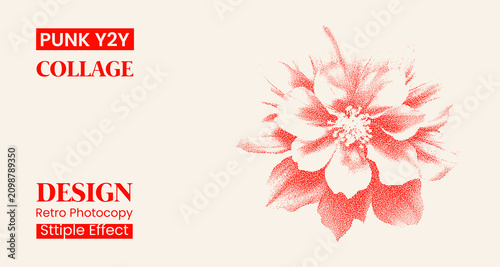 Punk y2k collage design with red stipple effect flower illustration, retro photocopy aesthetic, vintage grainy dot art style, abstract floral graphic element for poster or streetwear design