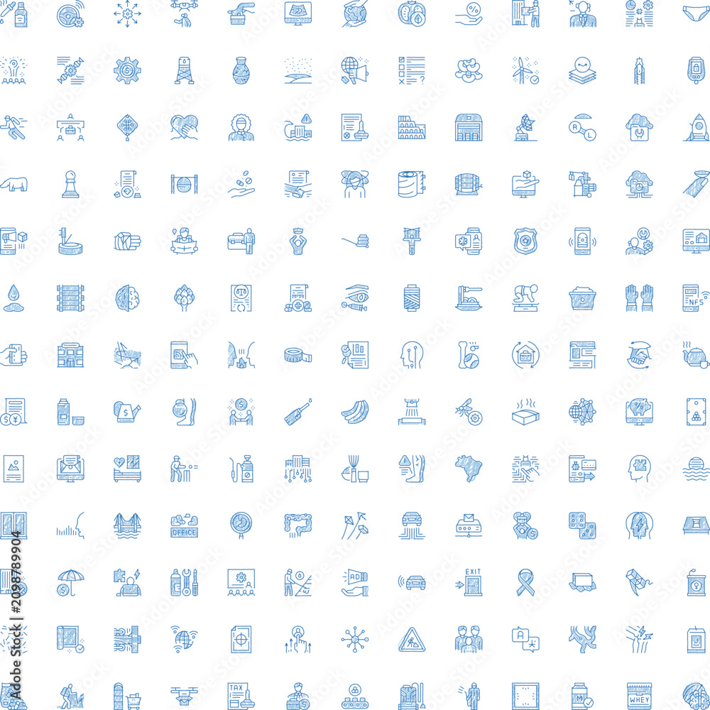 Fototapeta premium Diverse set of simple line icons illustrating business, technology, finance, health, environment, and various daily life concepts for digital interfaces