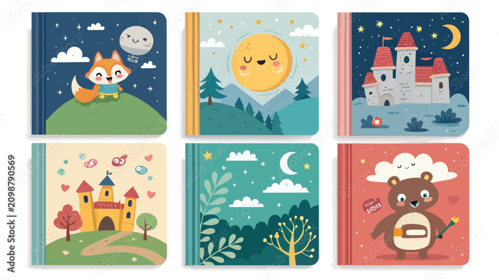 Fototapeta premium Whimsical illustrated childrens storybook covers with fantasy themes
