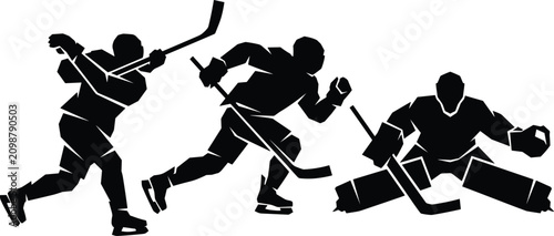 Photography Ice Hockey Player Silhouette Vector Set with Skater, Shooter, and Goalie Action
