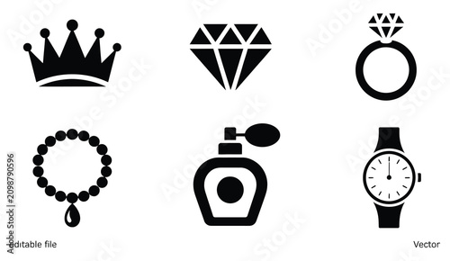 Luxury Fashion Accessories Silhouette Vector Set Featuring Crown, Diamond, Ring, Necklace, Perfume Bottle, Wristwatch, Handbag, And Gemstone Icons, Elegant Black Illustration Isolated On White.