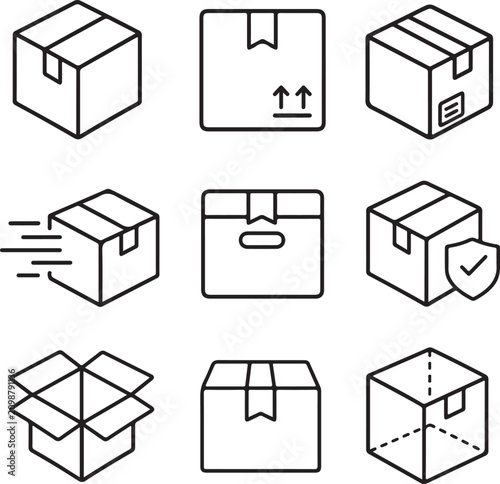 A collection of black and white line art icons depicting various cardboard box designs.