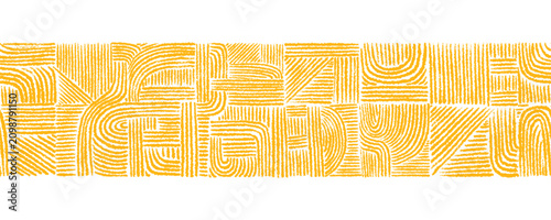 African seamless border meet mexican geometric motif in this hand drawn ethnic pattern. Yellow noodles and curly golden line spaghetti illustration for food bg. Vector abstract endless ornament