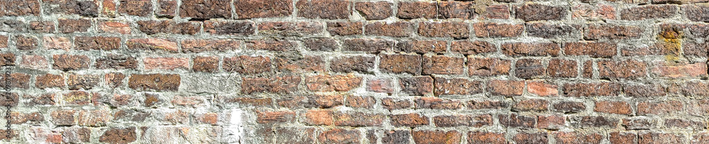 Fototapeta premium Old red brick wall texture panoramic background weathered ancient stone surface bannerKeywords (22 отдельных слова):