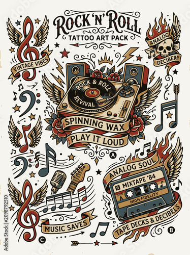 Εκτύπωση καμβά Retro Rock and Roll Tattoo Art Pack with Vinyl Turntable and Cassette
