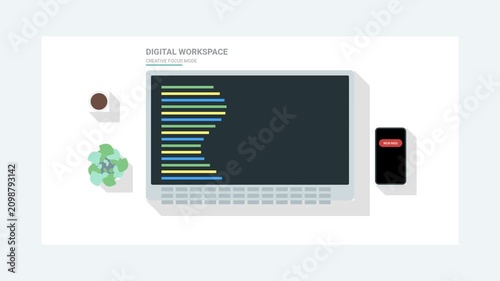 Digital workspace with laptop and mobile devices