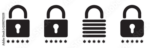 Modern collection of four padlock illustrations featuring password asterisks for security protocols.