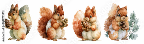 Фотография Cute watercolor squirrels with bushy tails holding pine cones, representing autu