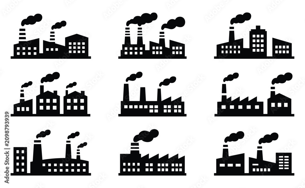 Fototapeta premium Collection of industrial factory silhouette icons featuring smokestacks and buildings industry silhouette manufacturing production pollution
