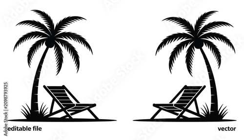 Tropical Beach Relaxation Scene With Deck Chairs, Palm Trees, Sun, And Island Landscape, Elegant Black Silhouette Vector Design Element For Summer Vacation, Coastal Travel, And Resort Themes, Isolated