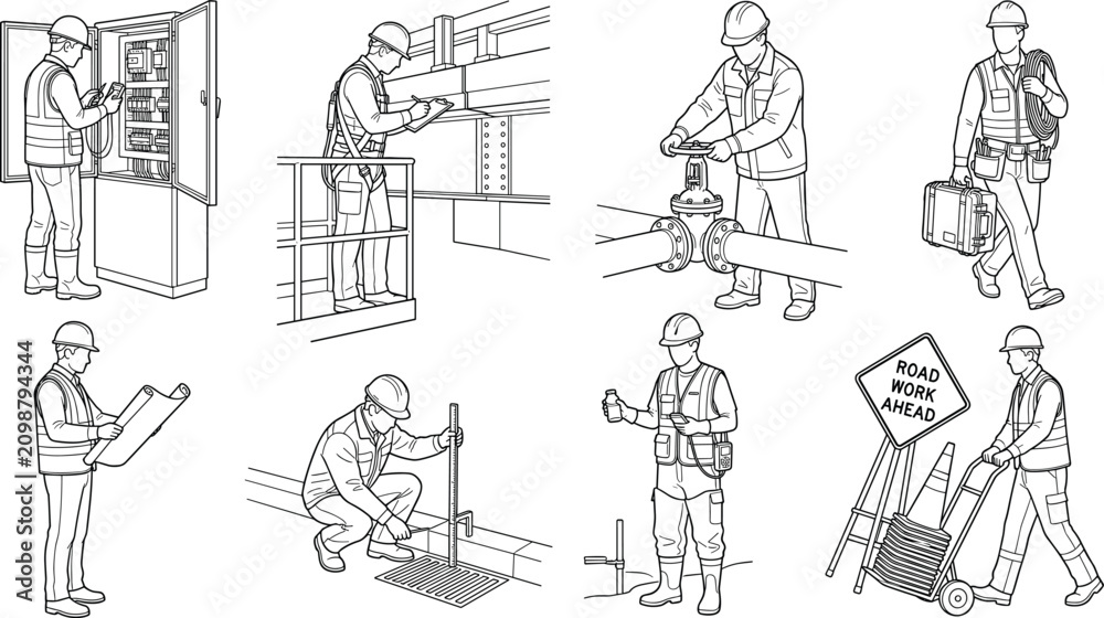 Obraz premium Set of industrial workers, engineers, and construction professionals performing technical tasks and safety inspections