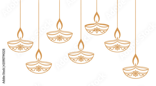Fotografie Decorative gold hanging diya oil lamps pattern isolated on white background for