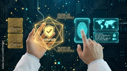 Digital identity verification with fingerprint scan and verified shield, cybersecurity concept