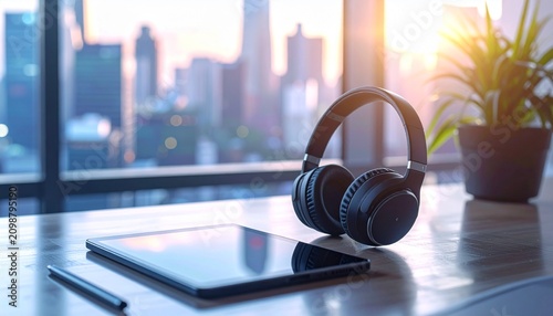 Clean Office Workspace Featuring Wireless Headphones and Tablet for Professional Video Conferencing, Digital Communication, and Smart Office Solutions