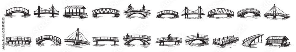 Obraz premium Various hand-drawn bridge illustrations in a black and white sketch style, depicting different architectural designs and structures
