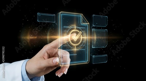 Digital document verification with glowing checkmark and hand in futuristic interface