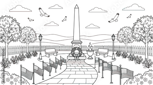 Quadro em tela War memorial obelisk coloring page vector, military monument with flags and eter