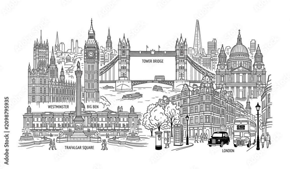 Fototapeta premium London city landmark collage line art vector illustration isolated on white