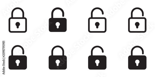 Eight lock icons featuring closed open outline and solid fill styles for digital security concepts.