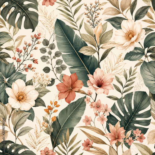 Canvastavla tropical leaves with flowers on white background elegant pattern trendy ethnic