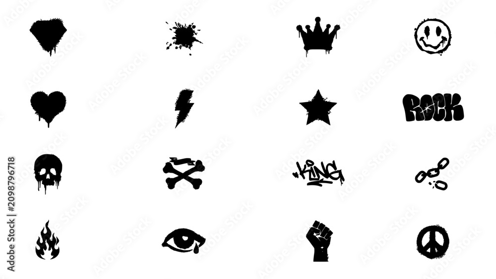Fototapeta premium Symbols Featuring Graffiti-Style Icons Including Heart, Skull, Crown, Peace Sign, and More Featuring Rock, Star, Lightning