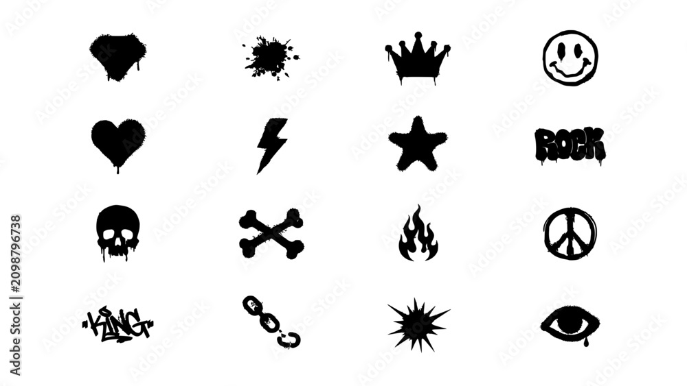 Fototapeta premium Symbols Featuring Graffiti-Style Icons Including Hearts, Skulls, Stars, and Peace Signs Featuring Heart, Skull, Star with Crown