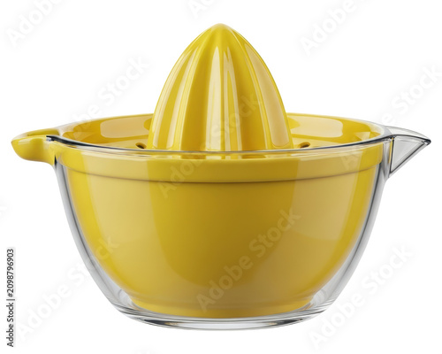 Manual yellow citrus juicer with glass bowl isolated on transparent background