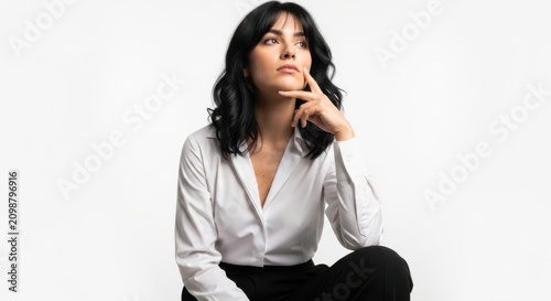 Woman thinking with hand on chin in deep thought